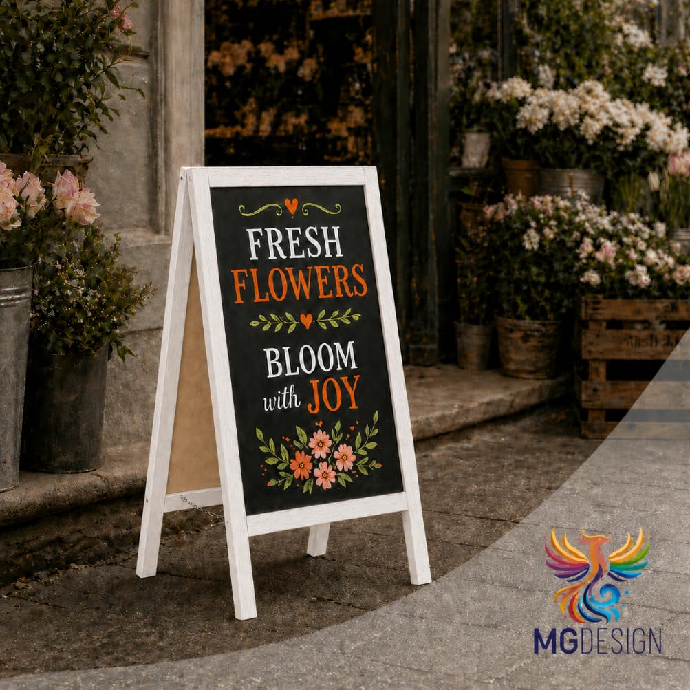 MG Design Pizarra caballete de madera 60 × 120 cm – pizarra negra de doble cara con marco blanco, plegable y fácil de limpiar, ideal para menú de bar, restaurante o tienda