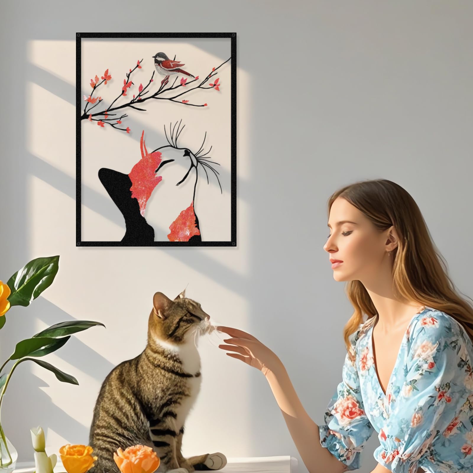 Luccyle Decorazione da parete in metallo con gatto, sagoma di gatto, ornamento con sagoma di uccello su un ramo, decorazione da appendere per soggiorno e camera da letto