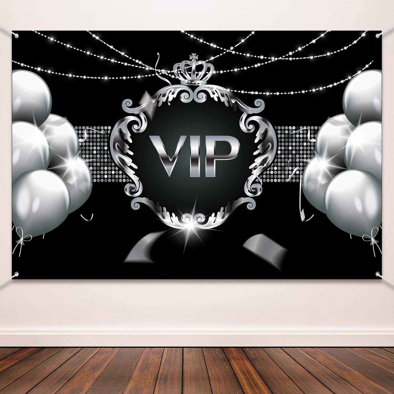 QICAIYUN VIP Party Backdrop for Photography Black Silver VIP Theme Background Silver Balloon Crown Party Background for Prom Award Ceremony and Party