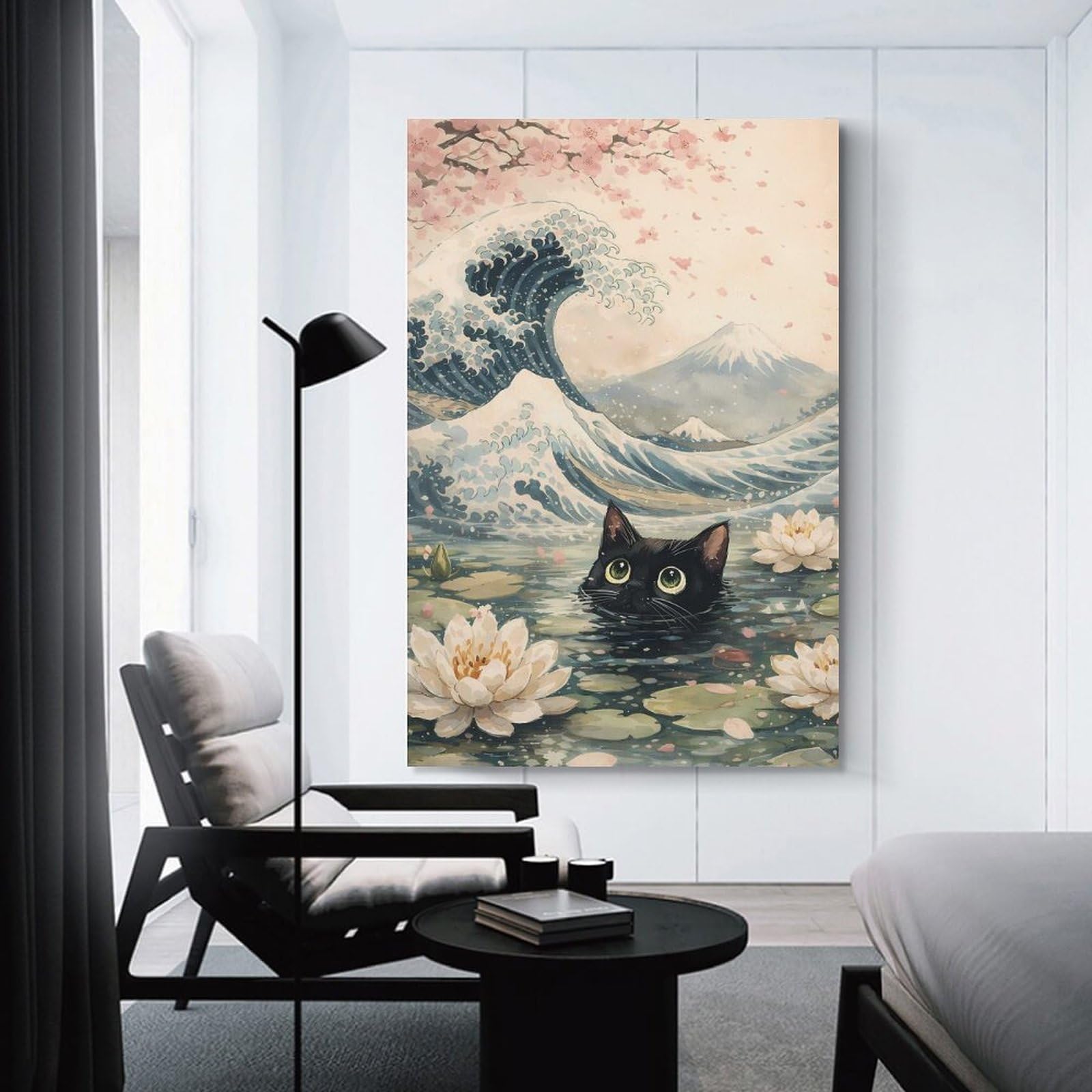 Junmoney Black Cat in Japanese Wave Painting Canvas Art Print, 16x24inch(40x60cm), for Bedroom Decor, Cosy Corners Or Studios, A Warm Accent for Relaxed Interiors