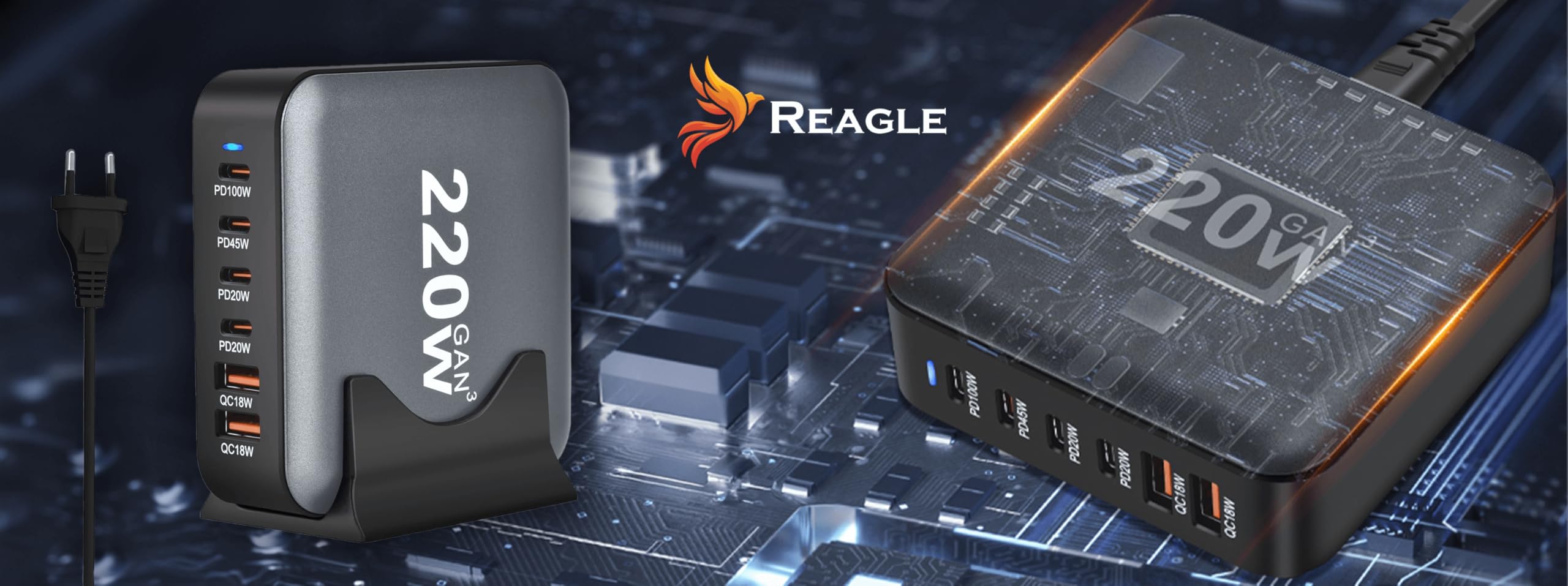 Reagle GaN - Caricatore rapido USB-C da 220 W, 6 porte, con Power Delivery, QC 3.0, per laptop, iPhone, tablet, protezione multipla, potente e sicuro per i viaggi e la casa