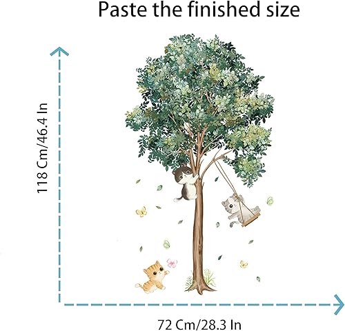 Miniatura 5 de Calcomanías de pared de árbol y gato, hojas verdes, calcomanías de pared para sala de estar, dormitorio, sofá, fondo de TV, decoración de pared