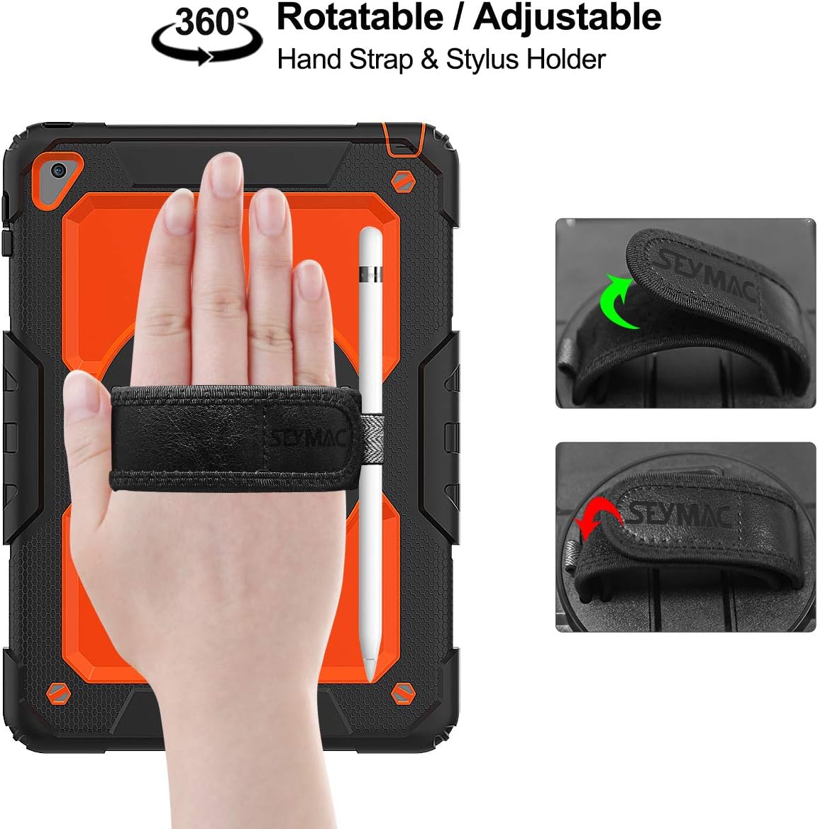 Flash Deals - 50% OFF SEYMAC stock iPad 6th/5th Generation Case 9.7’’ with Screen Protector Pencil Holder [360 Rotating Hand Strap] &Stand, Drop-Proof Case for iPad 6th/5th/ Air 2/ Pro 9.7 (Orange+Black)