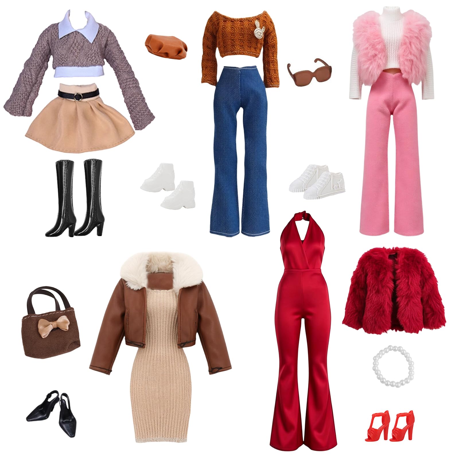 20 Pcs Elegant Doll Clothes for 11.5 Inch Doll Compatible with Barbie, Redvelvet Plush Jacket Set Knitted Skirt Set Brown Retro Set Pink Plushset Leather Jcketset 9 Shoes Accessorie for Girls Gift