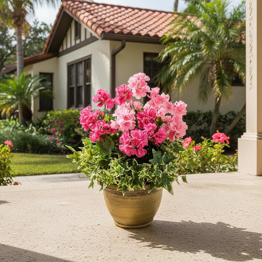 Artificial Geranium Plant with Pink Flowers in Bronze Pot Decorative Outdoor Potted Plant for Porch and Patio, Large Flower Arrangement with Heavy Pot
