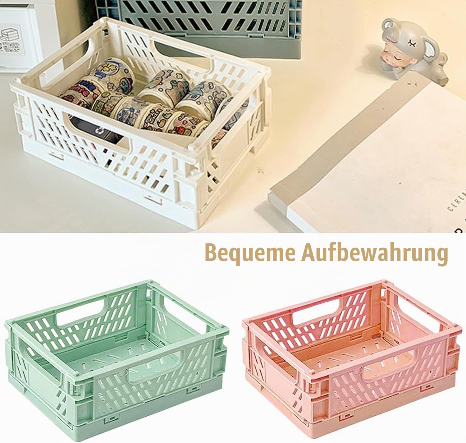 WSAMJIN 2 Stück Groß Klappkiste, Stapelbar Klappkisten, Plastic Klappkorb Bunt Klappbox Mini Aufbewahrungskiste Korb Aufbewahrung für Regal Büro Schlafzimmer Badezimmer