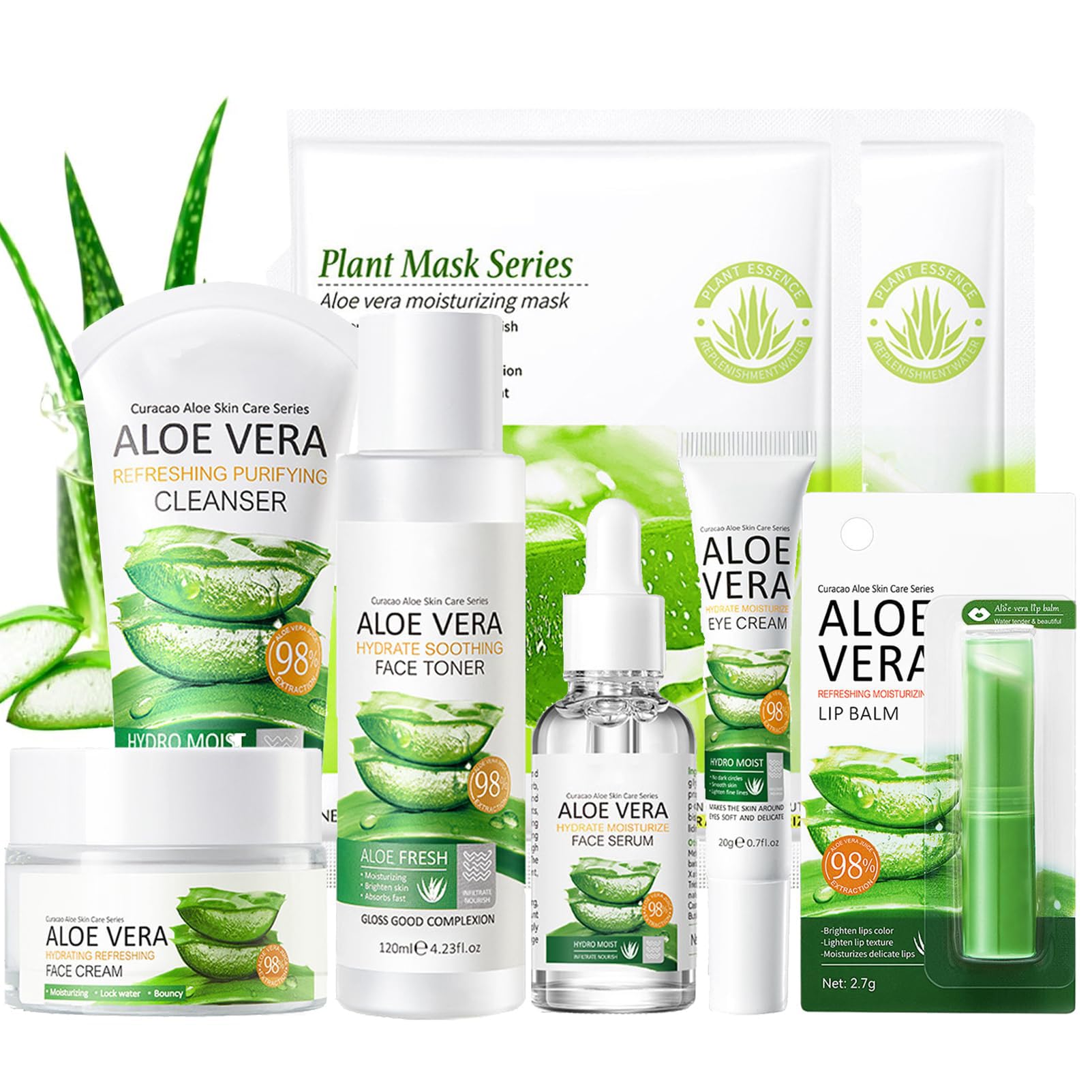 KASTWAVE 8Pcs Aloe Vera Skin Care Sets, Skin Care Products Set, Skin Care Gift Set, Skincare Routine Set, With Natural Extracts, Moisturizing Skincare Set for Women Girls