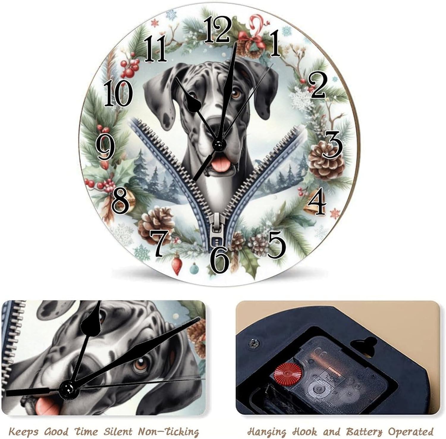 Great Dane Funny Zipper Peeking Dog Clocks Great Dane Wood Wall Clocks Battery Operated Round Clock Puppy Dog Animal Wood Wall Clock for Living Room Bedroom 12x12in