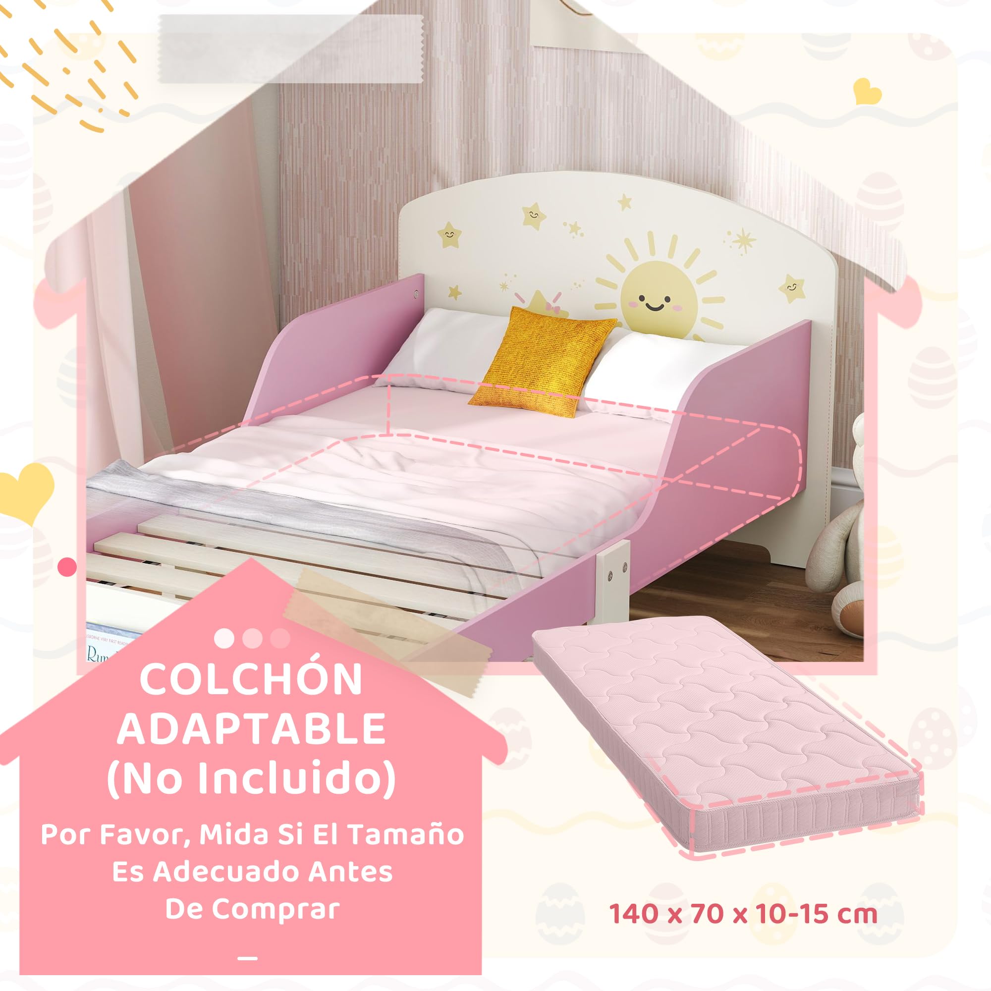 AIYAPLAY Cama Infantil 70x140 cm de Madera con Almacenaje Cama para Niños de +3 Años con Protección Anticaída Cabecero en Dibujos de Estrellas Carga 40 kg para Dormitorio Rosa