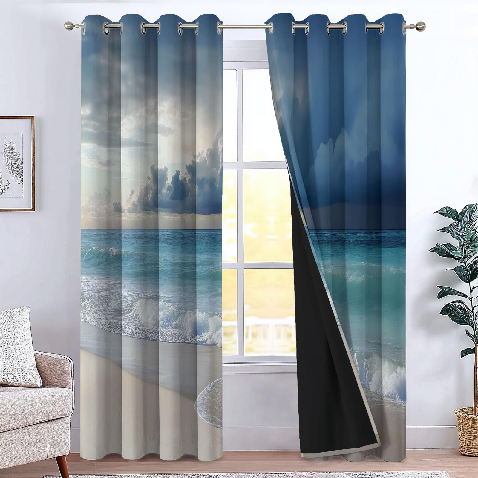 140 x 260 cm, juego de 2 cortinas 100% opacas con aislamiento térmico, paisaje natural, ondas del océano, tela suave e impermeable, doble cortina con ojales para dormitorio, sala de estar, cocina