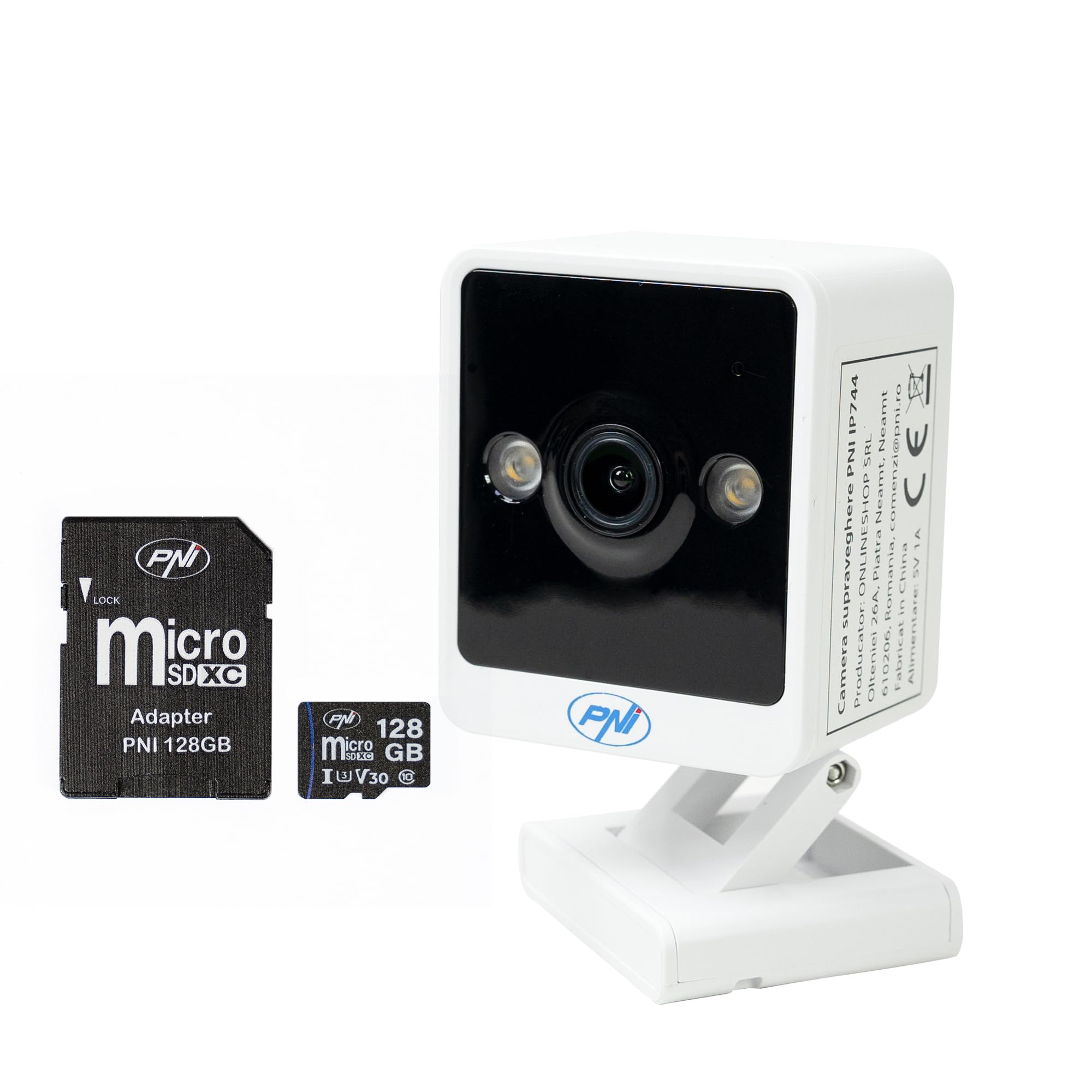 Paquete de cámara de videovigilancia PNI IP744 de 4MP con IP, detección de Movimiento + Tarjeta de Memoria MicroSD PNI de 128GB con Adaptador SD