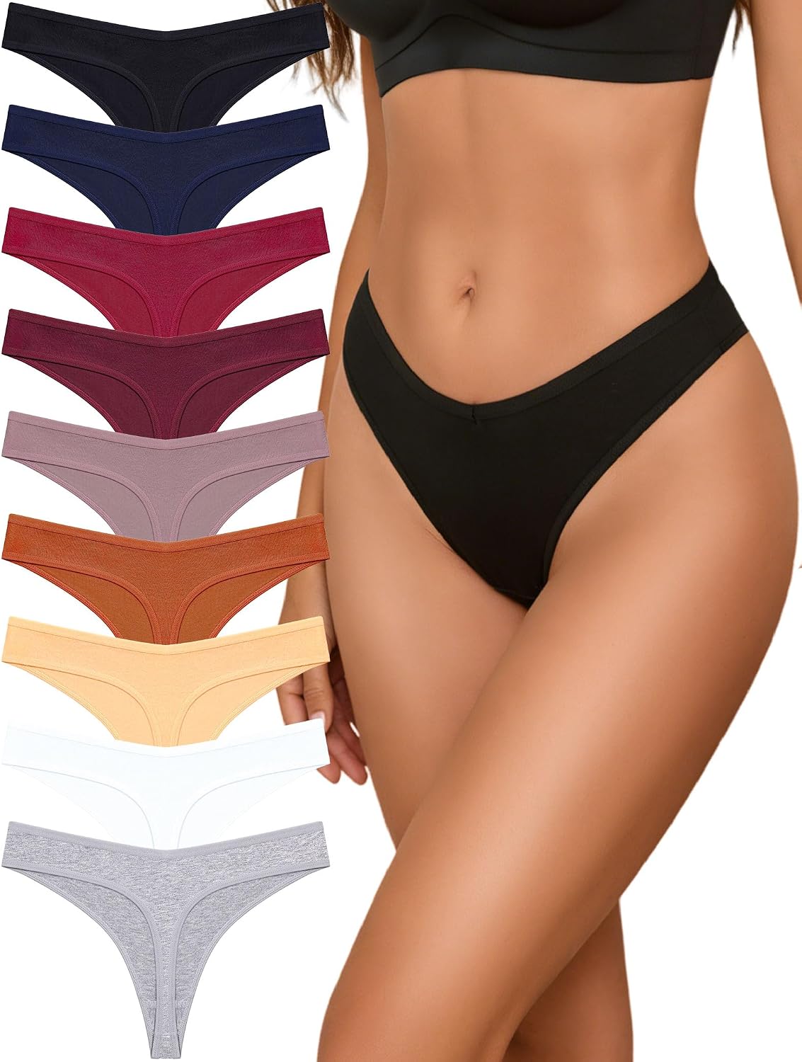 Sth Big Cotton Underwear for Women Breathable Sexy V-waisted Thongs Soft Stretchy Ladies Panties 9 Pack