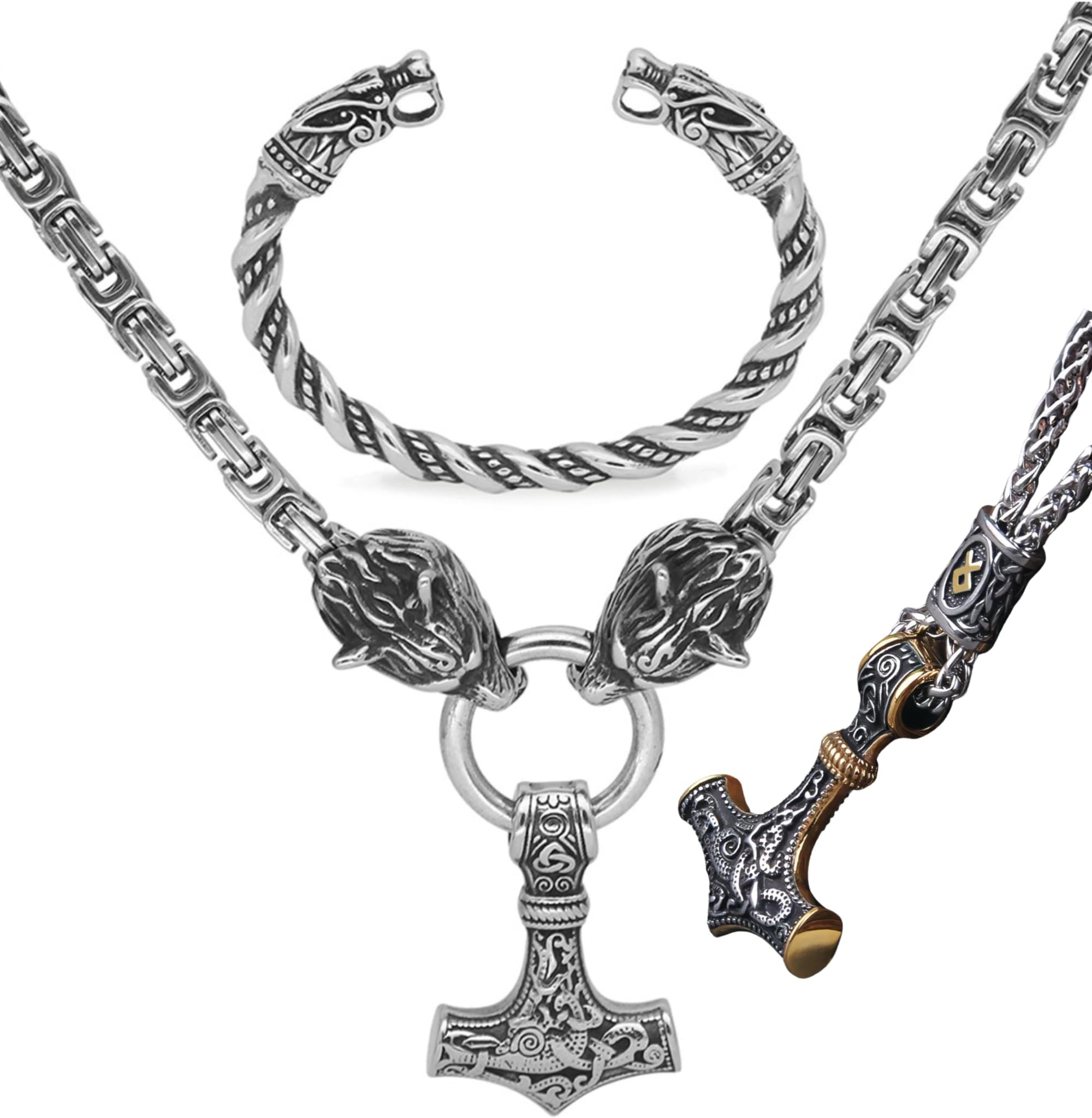 VikingsBrand Handmade Stainless Steel Thorโs Hammer Necklace with Wolf Heads โ Mjolnir Pendant, Viking Gifts for Men โ Norse Jewelry for Men โ Authentic Scandinavian Menโs Accessories