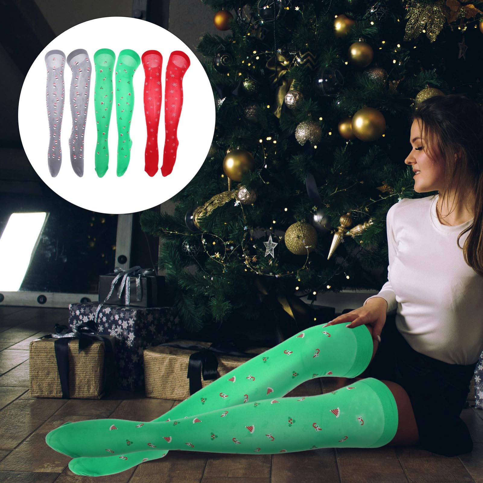 3pares Medias De Navidad Bonitas Calcetines Altos De Seda Para Mujer De Medias Navideñas Para Fiestas De Navidad