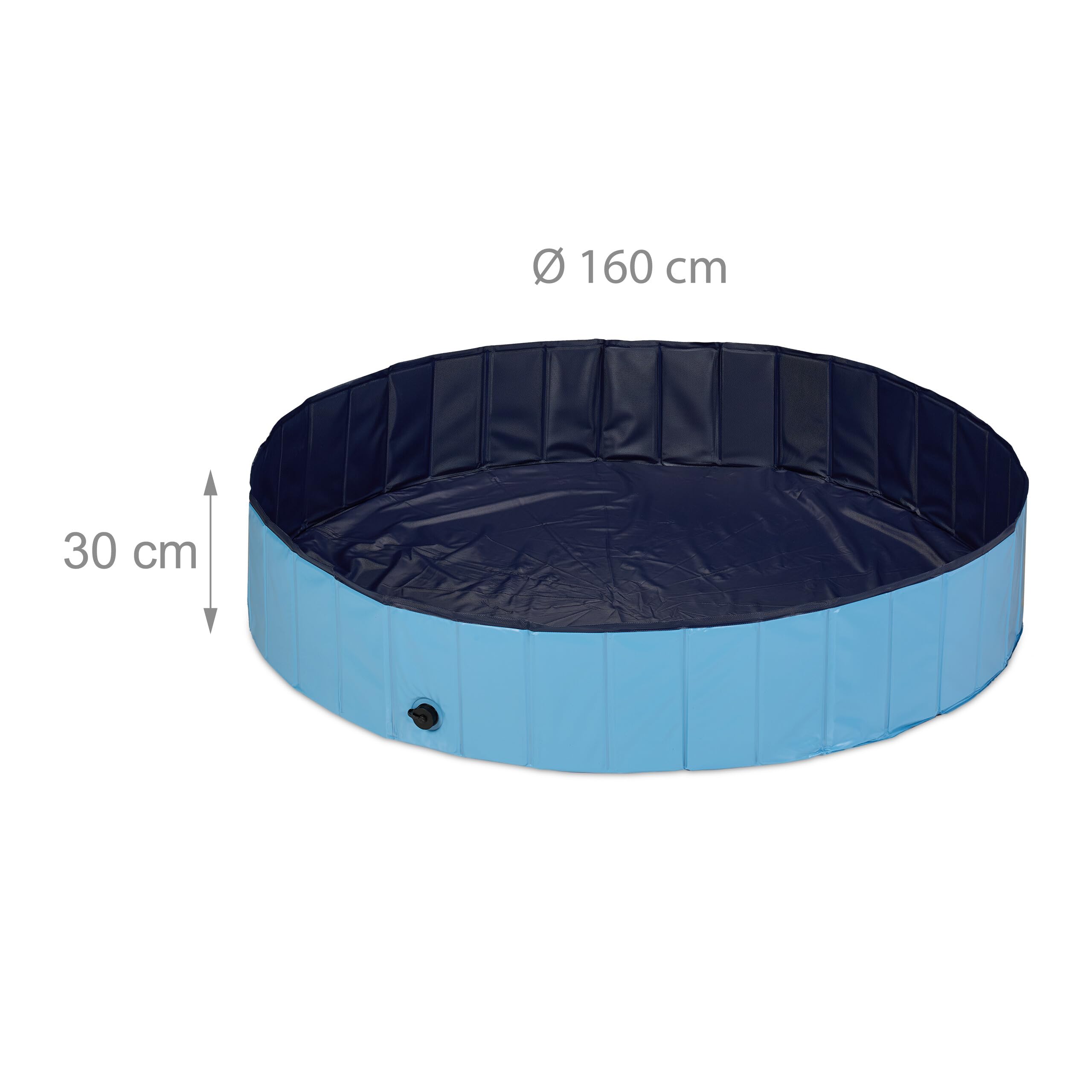 Relaxdays Piscina per Cani Taglia Media, 30x160 cm, Piscinetta Pieghevole con Scarico, Bagno in Giardino, PVC e MDF, Blu