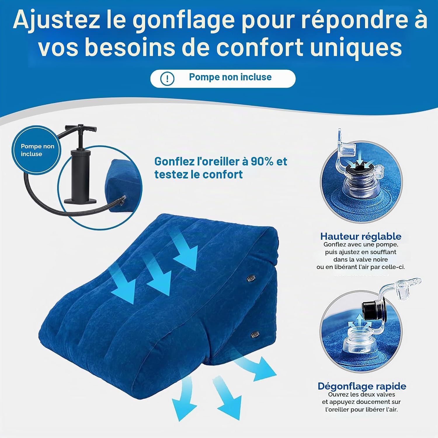 Ensemble de coussins gonflables – Cale de lit gonflable pour dormir, jambes enflées et voyage – Oreiller compact gonflable pour les jambes pour l'élévation