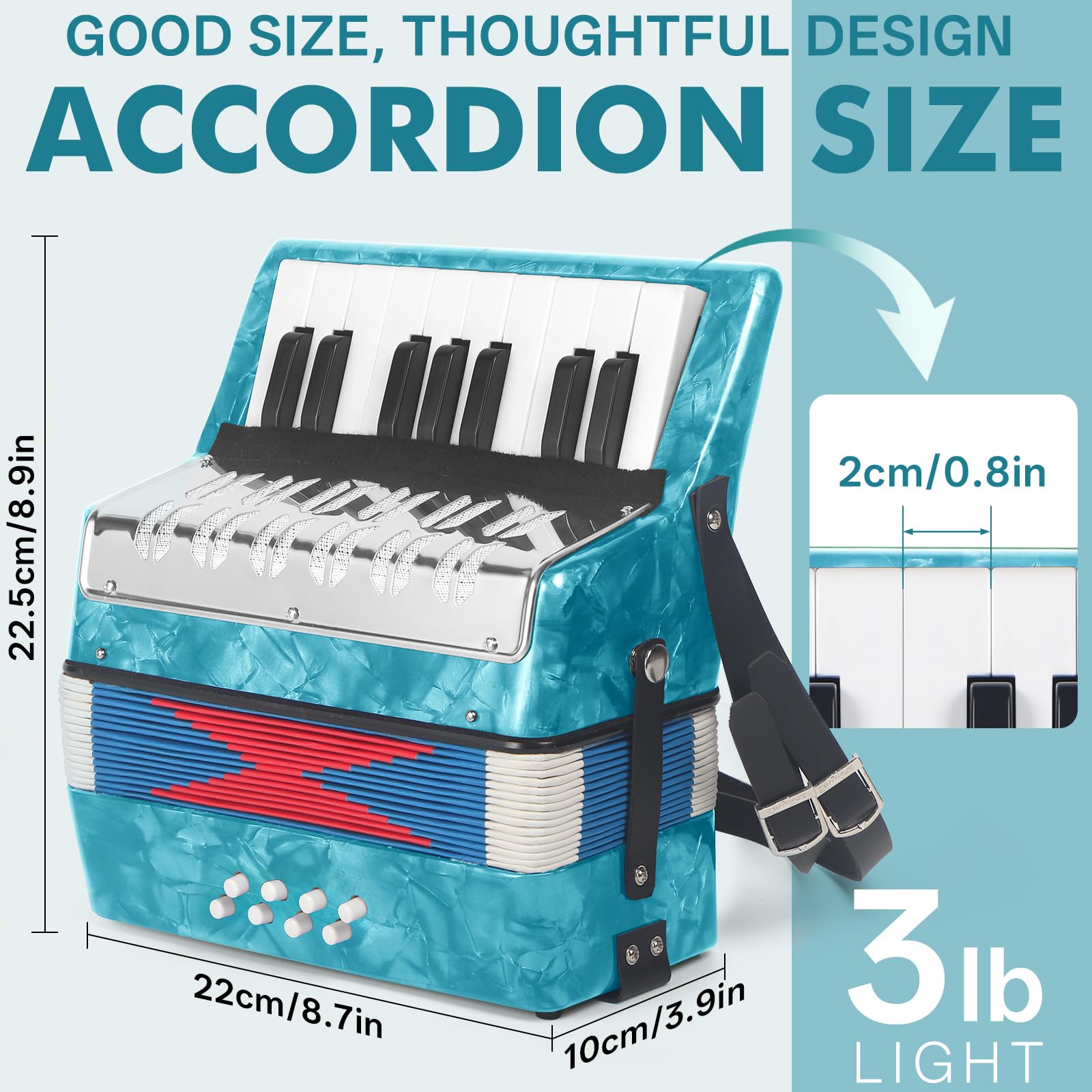 AKLOT Acordeón de piano de 17 teclas, acordeón ligero para niños, acordeones de celuloide más brillantes y de tono puro que el plástico, diseño de cubierta de metal duradero para niños, principiantes