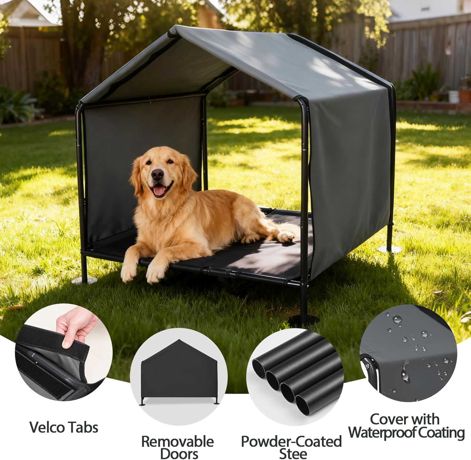 Dog Canopy with Raised Bed for Outdoor, 3.3' x 2.9' x 3.5' Large Dog House Outdoor Indoor, Pet Shelter with Removable Waterproof Shade Cover, Portable Pet House for Camping, Patio, Yard