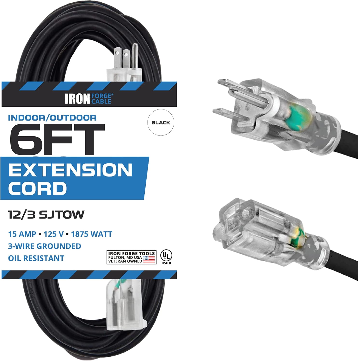 Iron Forge 12 Gauge Extension Cord 6 Ft End - 12 AWG Heavy Duty Extension Cord with 3 Prong, Industrial Grade Black Outdoor Cord 12/3 SJTW - Great for Major Appliances & HVAC, US Veteran Owned
