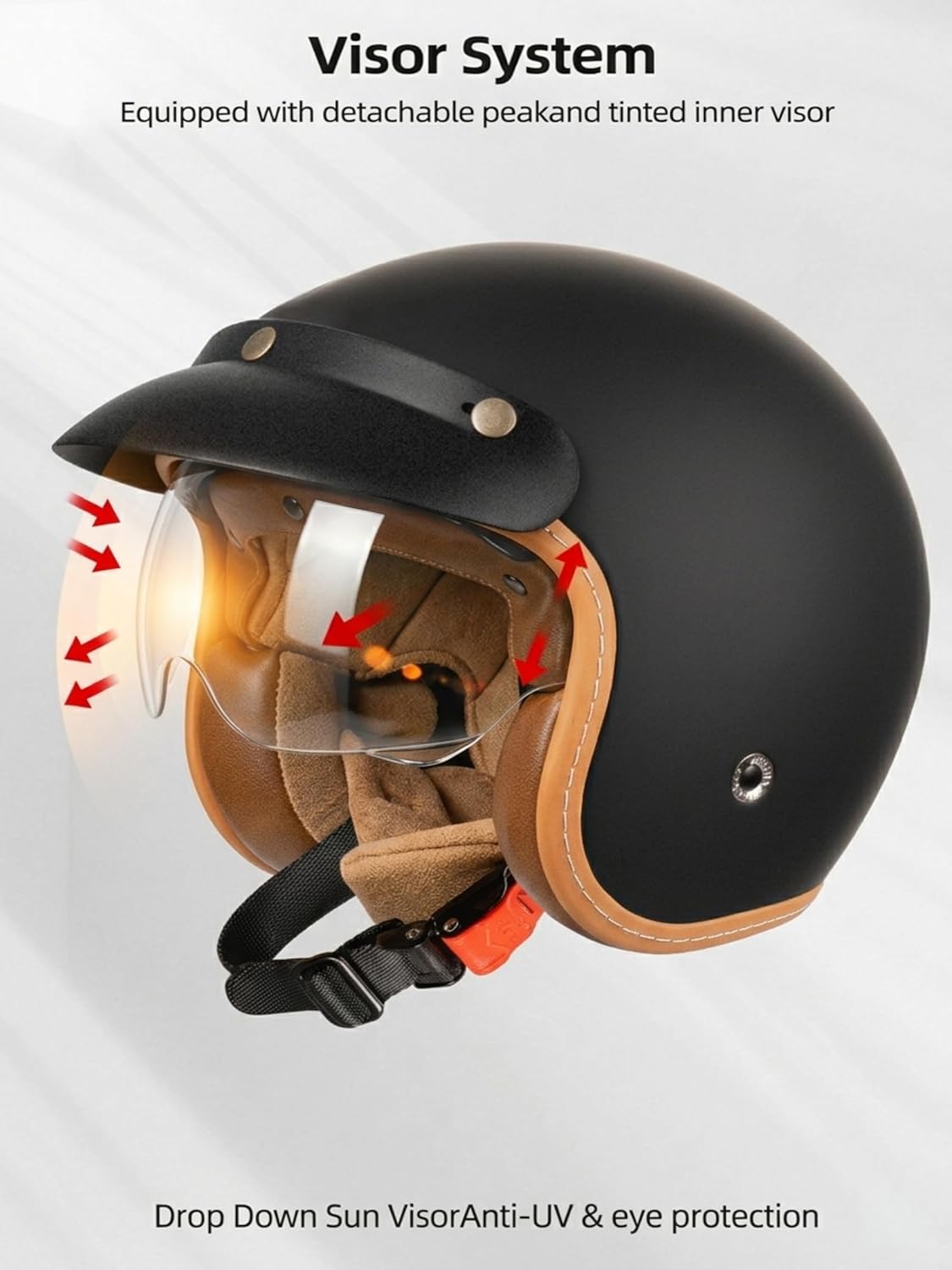 YEMA Retro 3/4 Open Face Motorcycle Helmet for Adults - DOT Approved, Classic Moped Helmet with Drop-Down Sun Shield & Detachable Peak, Comfort Fit for Cruiser, Scooter