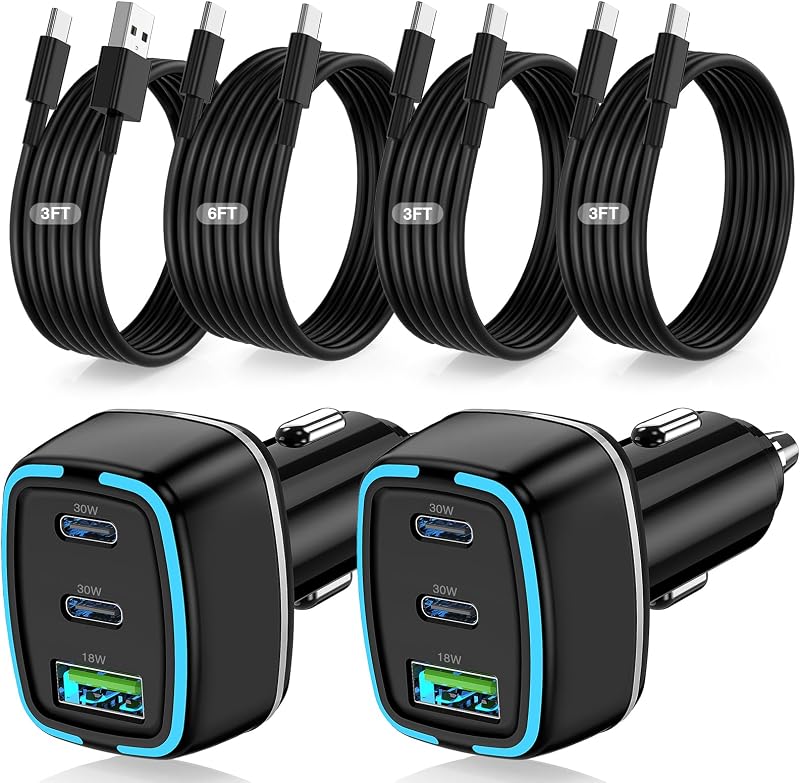 75W USB C Car Charger, 3-Port Super Fast Charging Cigarette Lighte | PD/QC 3.0 Car Cigarette Lighter Adapter for iPhone17/16/15 Pro Max & Samsung Galaxy S26/S25, with 4Pack 3/6.6FT Type-C Cables