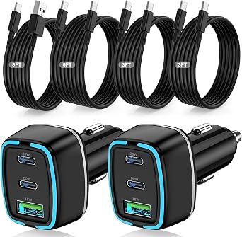 75W USB C Car Charger, 3-Port Super Fast Charging Cigarette Lighte | PD/QC 3.0 Car Cigarette Lighter Adapter for iPhone17/16/15 Pro Max & Samsung Galaxy S26/S25, with 4Pack 3/6.6FT Type-C Cables