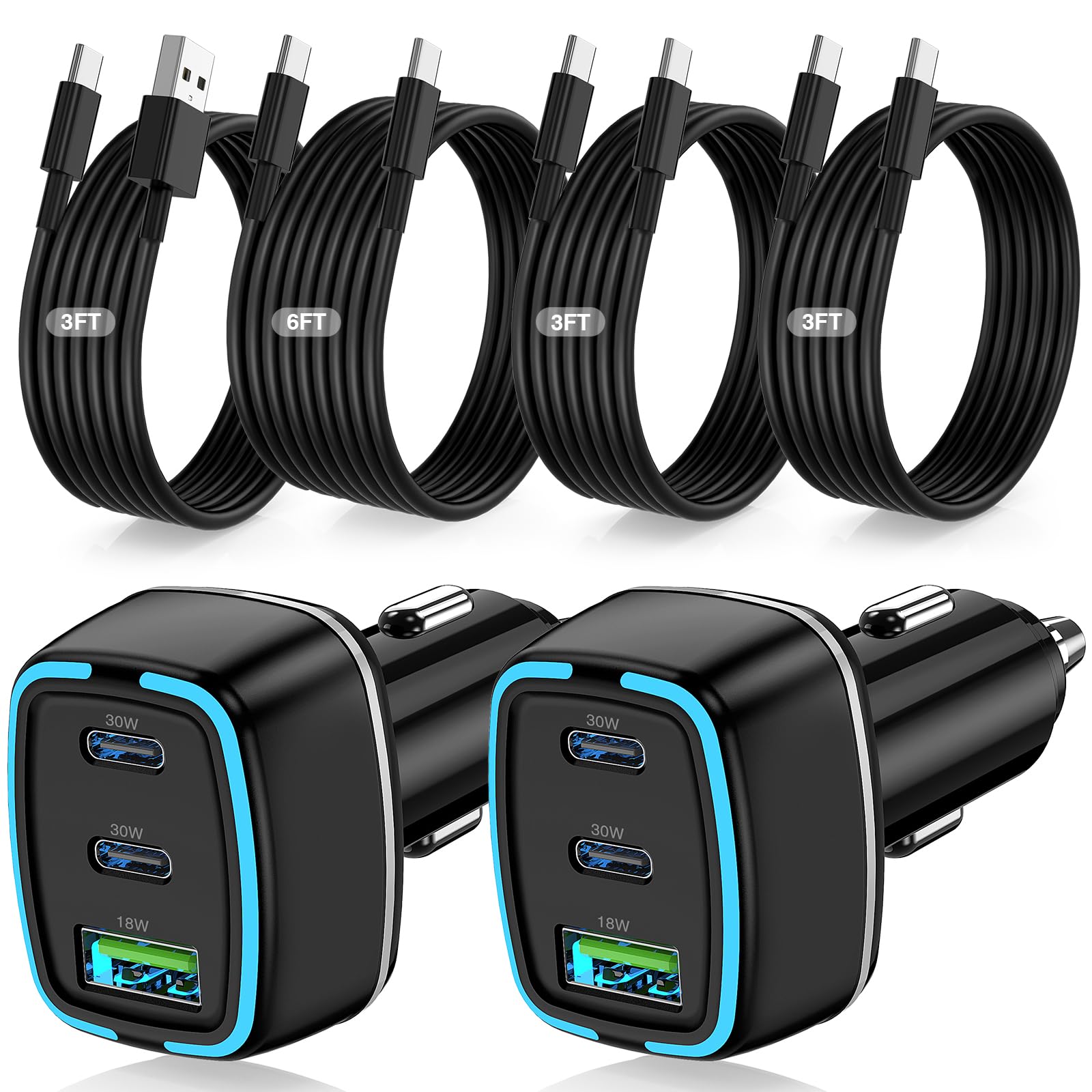 75W 3-port car charger with cables