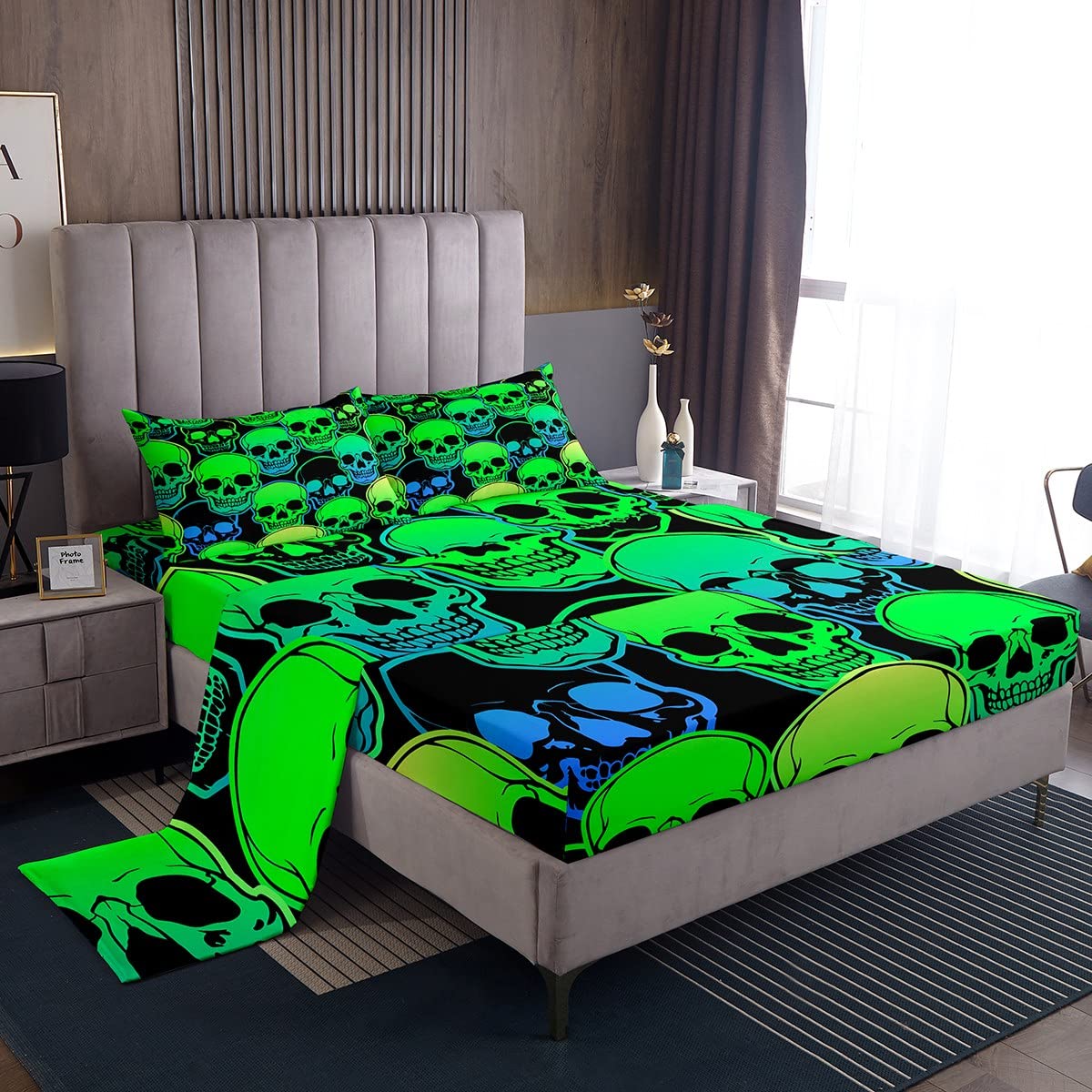 Erosebridal Glowing Green Bed Sheets Hippy Death Skull Queen Size Sheet Sets Halloween Sheets Neon Glowing Skeleton Flat Sheet for Kids Teens Bedroom with 2 Pillowcase, Microfiber