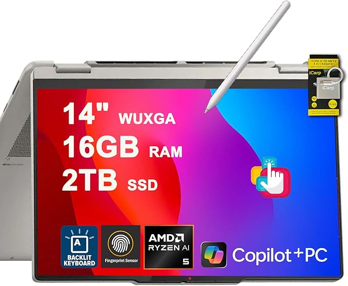 Lenovo Yoga 7 Laptop 2-in-1 14" WUXGA OLED Touch (100% DCI-P3, 600nits HDR) AMD 6-core Ryzen AI 5 340 (fino a 50 top) 16 GB RAM 2 TB SSD Pen per Designer Business Work Win11 ICP Hub