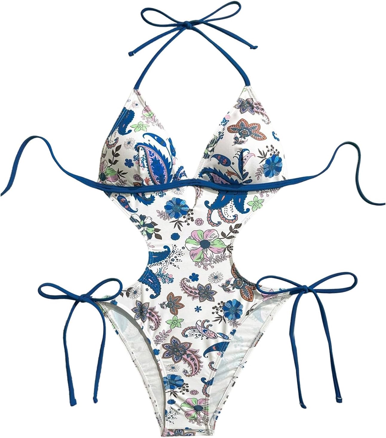 Women's Floral Boho Monokini Swimsuit Halter Tie Backless Cut Out String One Piece Swimsuits Leotards