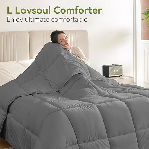 Miniatura 6 de L LOVSOUL Edredón alternativo de plumón tamaño King, relleno de edredón para todas las estaciones con pestañas en las esquinas, edredón gris King de