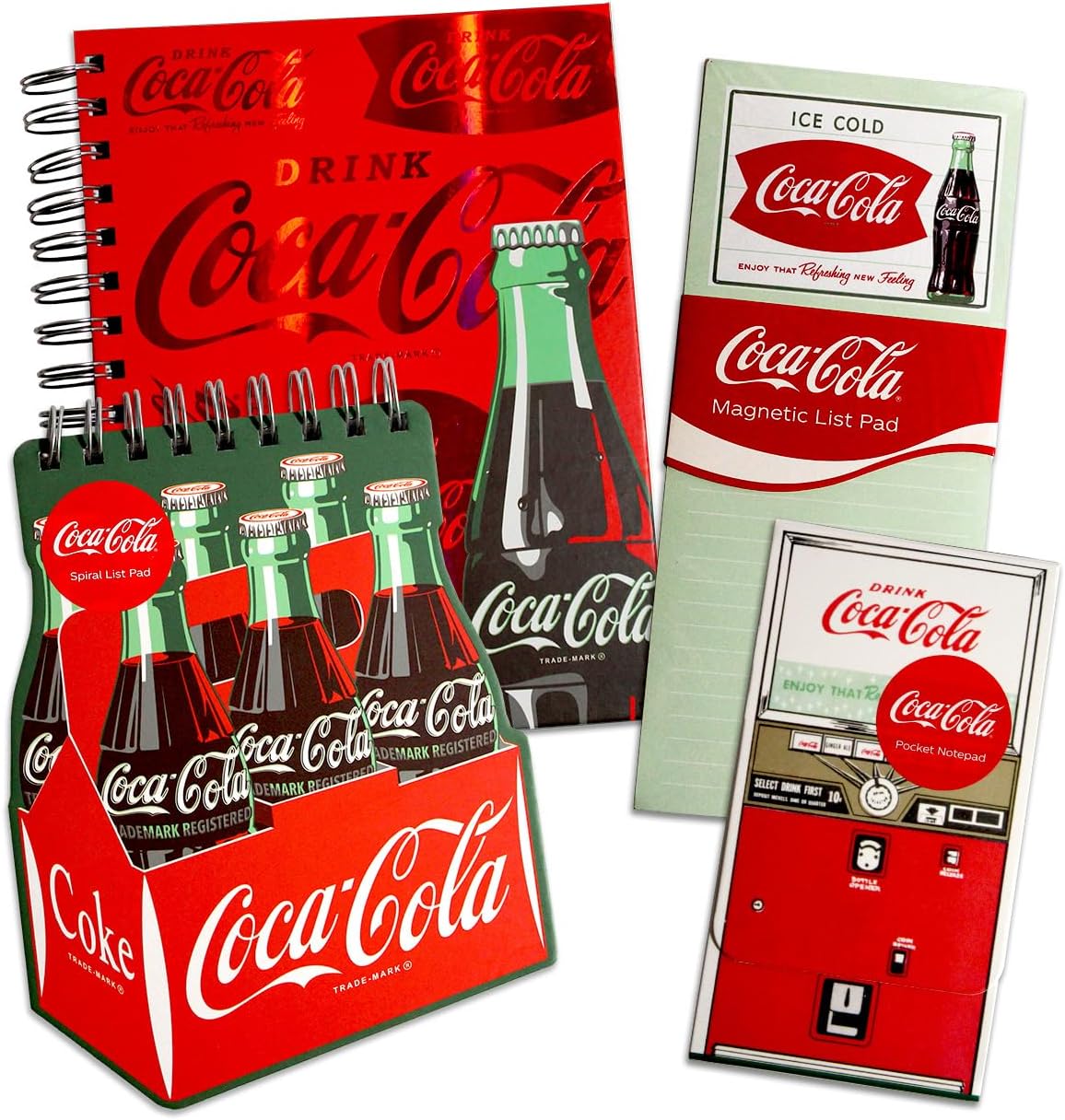 Coca-Cola Classic Stationery Collection Set, Red and White, Spiral Journal, Magnetic List Pad, Pocket Notepad, Die-Cut Notepad with Foil Detail, Collector's Gift Set