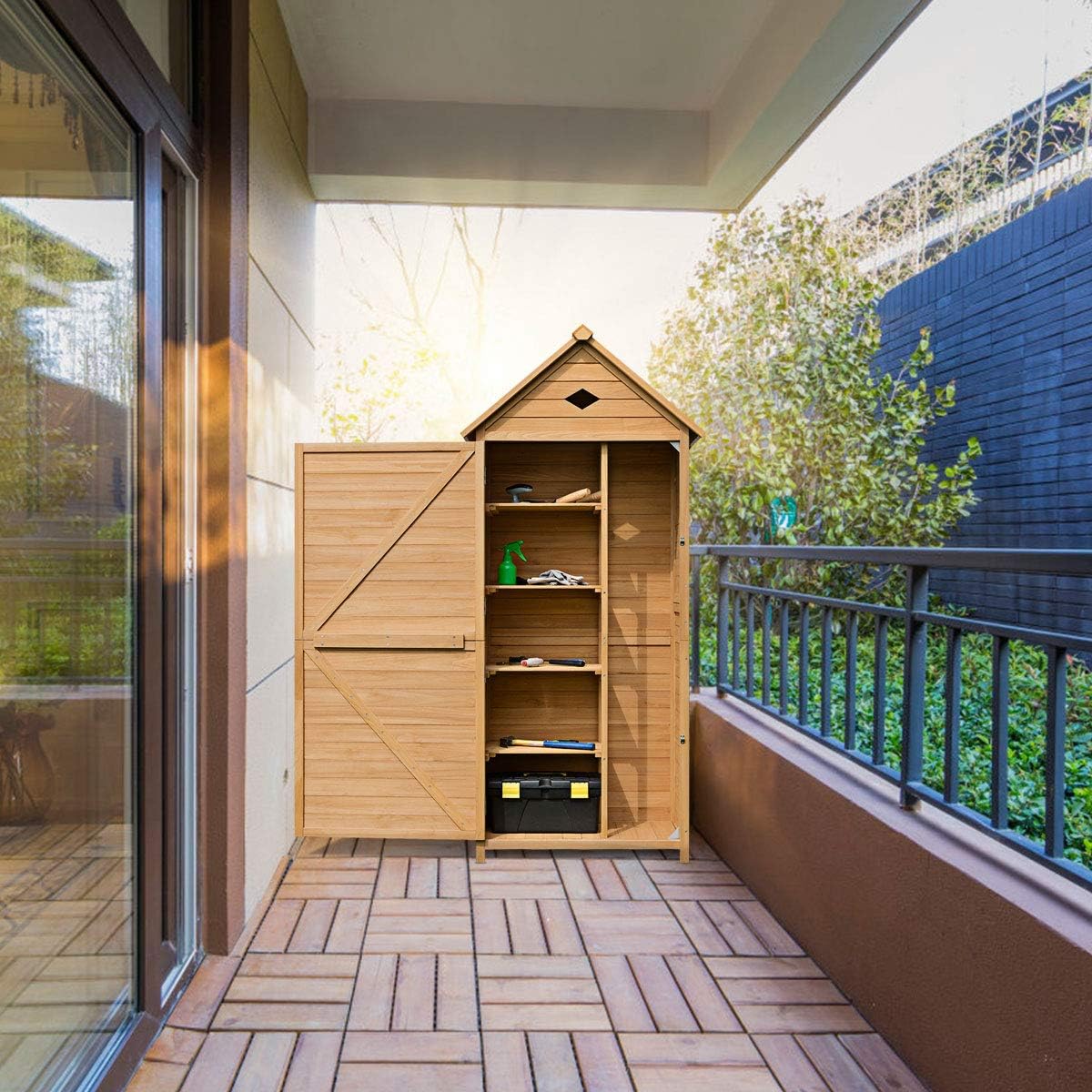 GYMAX Armadio da Esterno in Legno, Casetta Porta Attrezzi da Giardino con Ripiani Rimovibili, Capanno Tetto in Lamiera Zincat Impermeabile, con 2 Porte, 80 x 45 x 177cm(Stile 1)
