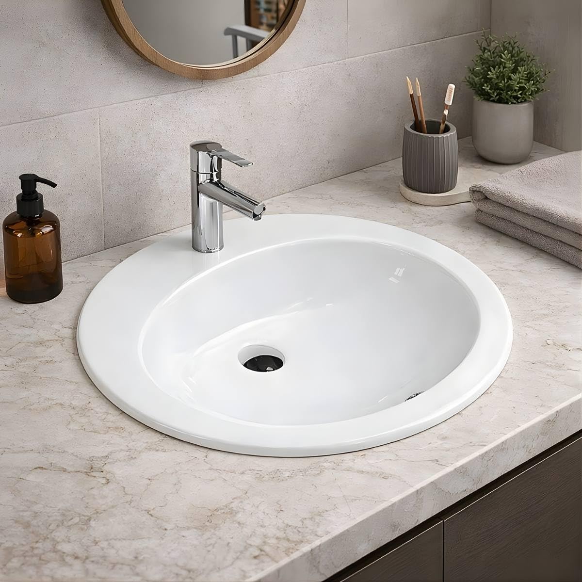 LAVABO Incasso TONDO Ceramica - Lavandino Soprapiano OVAL L. 57 x 48 cm Monoforo Pred. a 3 Fori