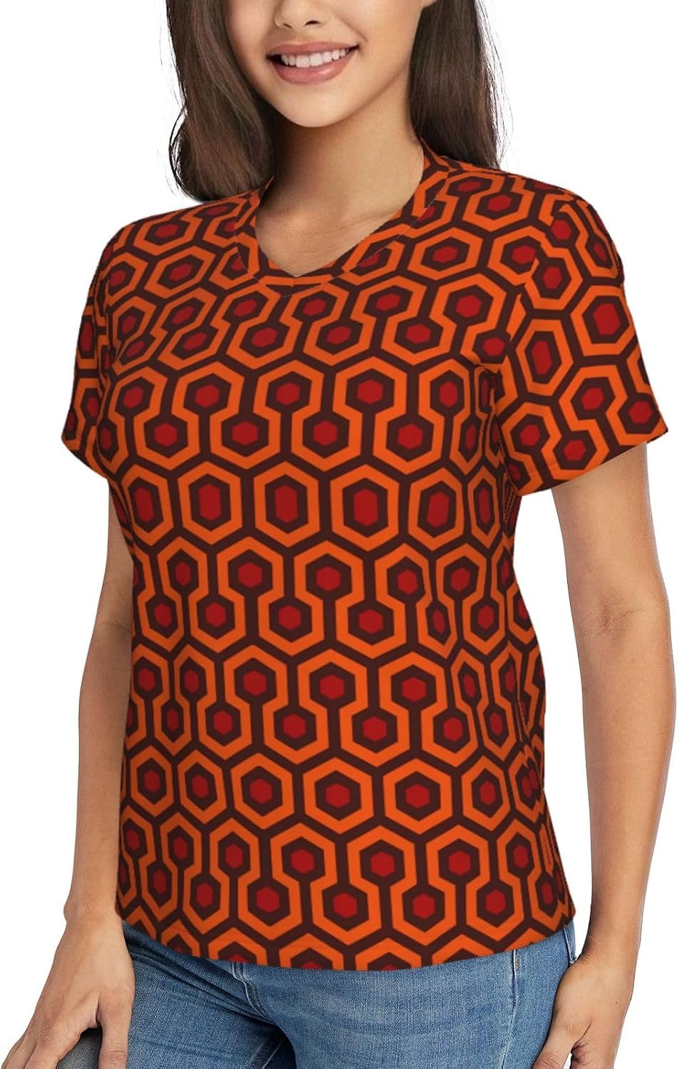 Womens Shining Overlook Print Short Sleeve V Neck T-Shirts Casual Breathable Tee Basic Summer Tops 2026