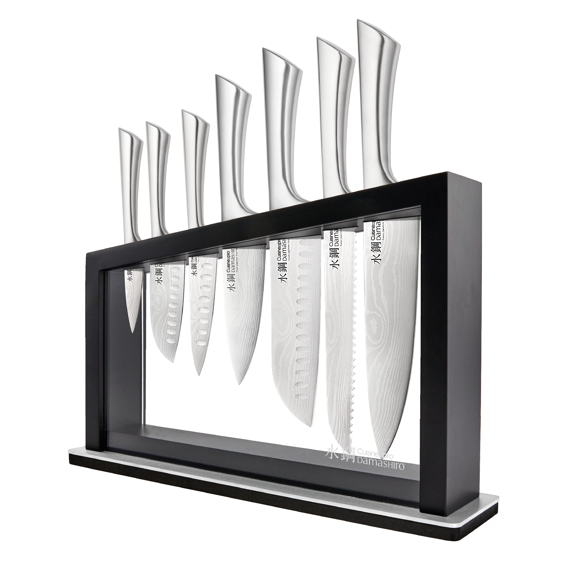 Cuisine pro Damashiro 8-Piece Satori Knife Block - Japanese Steel Knife Set with Acacia Wood Knife Block -Damascus-Inspired