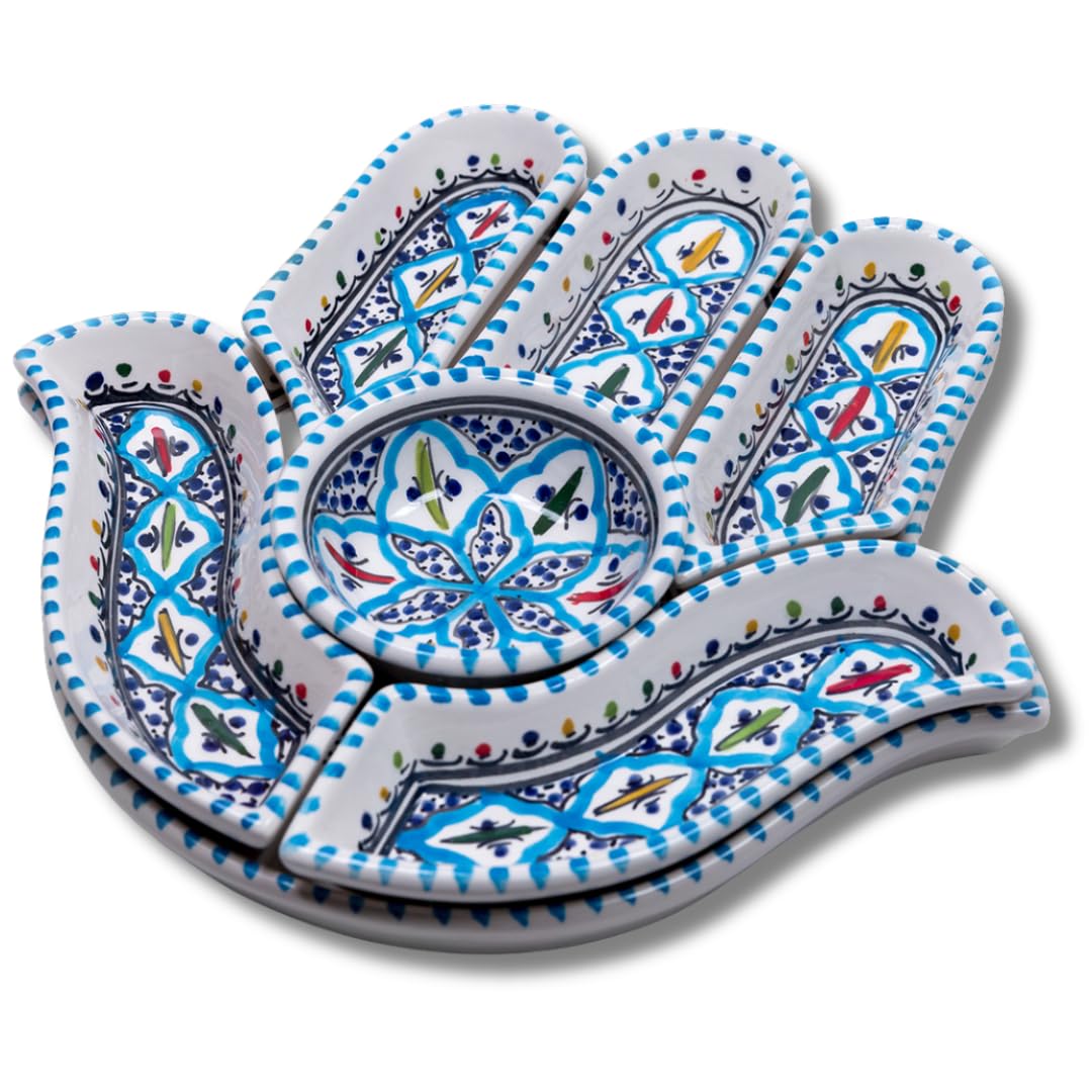 KamsahKamsah Hamsa Serving Platter – 7-Piece Hand-Painted Ceramic Colorful Serving Dishes for Snacks, Appetizers, Dips and More – Moroccon Decorative Platters for Celebrations, Parties and Events
