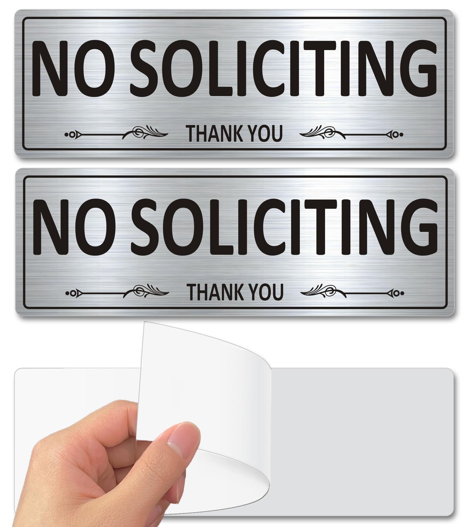 i-CowFun (2 Pack) Premium Metal Self-Adhesive No Soliciting Sign for Front Door, 7.5 x 2.5 Inches Aluminum No Solicitation Signs for House, Business,