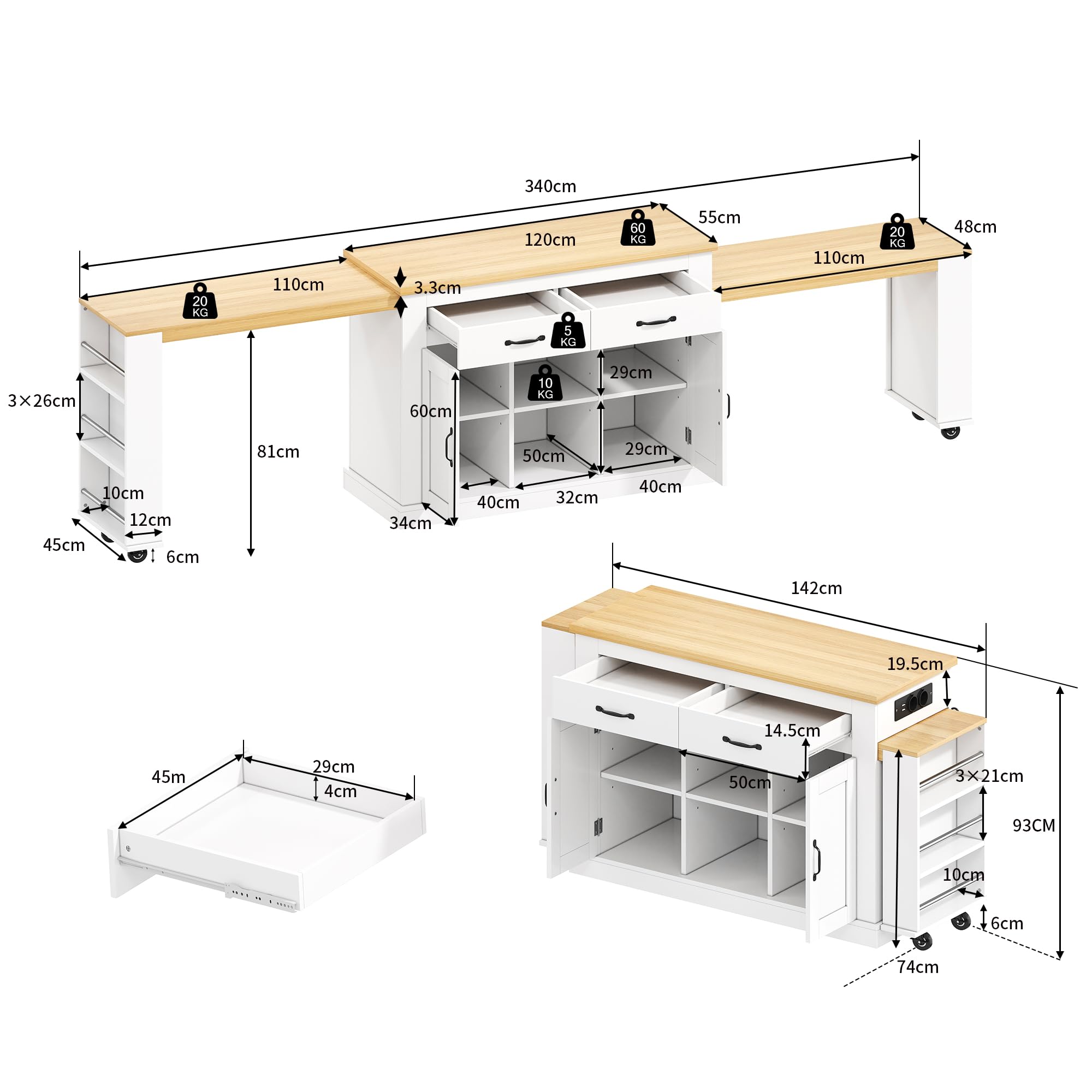 Isola da cucina con due piani di lavoro estensibili, elegante isola mobile, ripiani regolabili, 142 (massimo 340 cm) x 55 x 93 cm, adatta per cucina, sala da pranzo, soggiorno, ecc., bianco