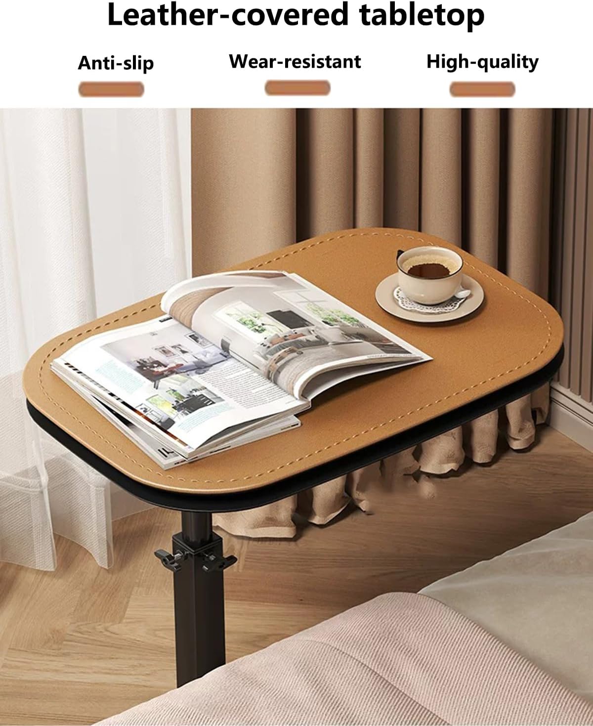C Shaped End Table, Adjustable Height Side Table, 360° Swivel Small Couch Tables that Slide Under, TV Tray Table for Small Spaces, Living Room, Bedroom (Orange Leather)