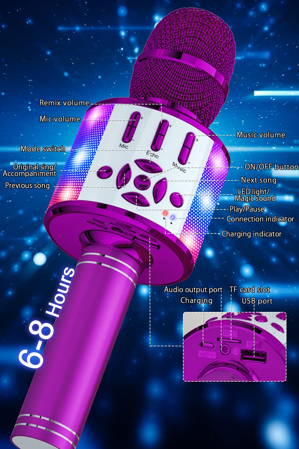 BONAOK Kinder Karaoke Mikrofon,4 in 1 Magic Sing Microphone Spiel, Bluetooth Lautsprecher für Zuhause Party, Kinder Spielzeug von 5-10 Jahre Mädchen Jungen,Kompatibel mit Smartphone PC (Lila) - 2