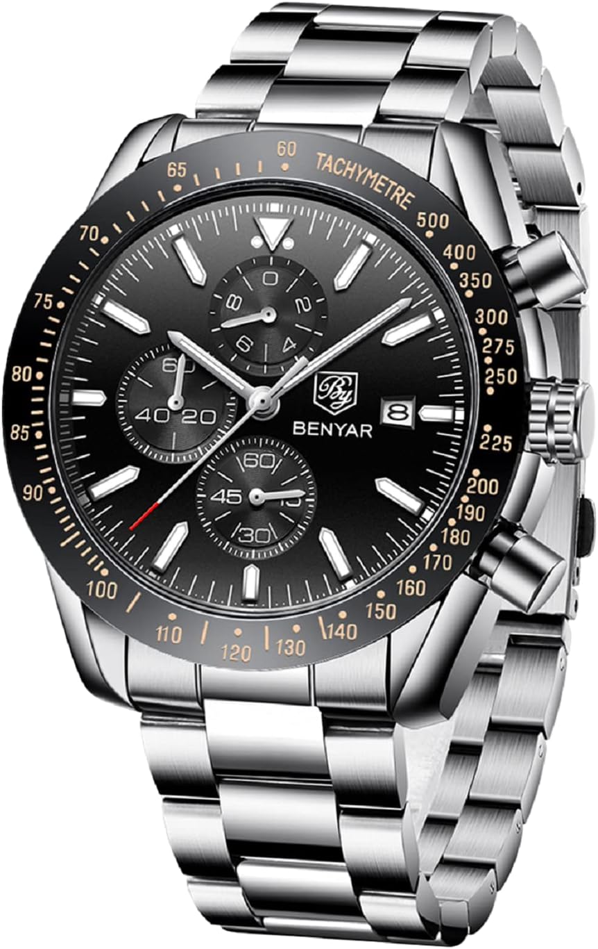 Watch for Men Analog Quartz Chronograph Waterproof Luminous Designer Mens Wrist Watches Business Work Sport Casual Dress Watch with Silicone Strap Elegant Gifts for Men