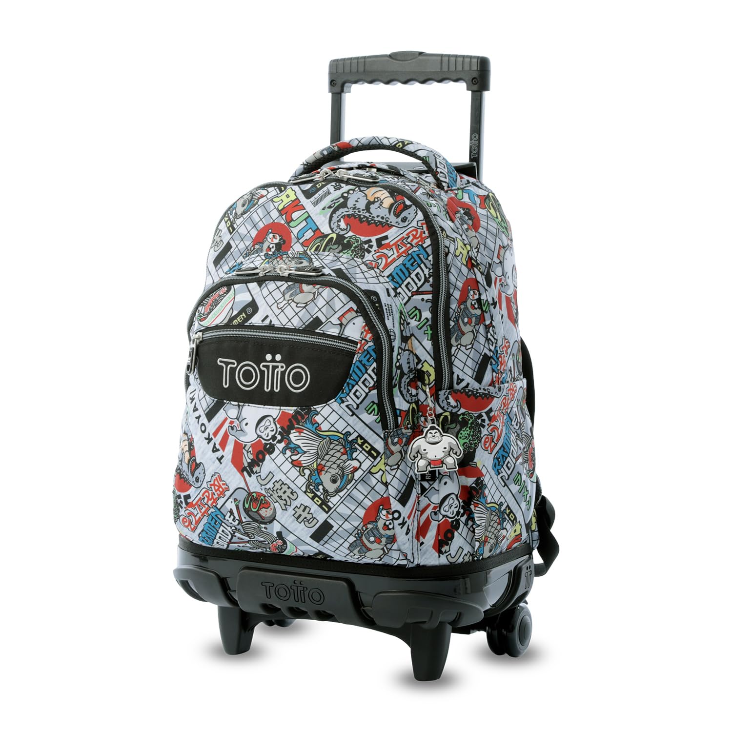 TOTTO - Mochila Escolar con Ruedas, Modelo Renglones, Capacidad 26,21 Litros, Bolsillo para PC 14", Bolsillo Botella, Correas en S para Mayor Comodidad, Resistente, Estampado Ramen Gris