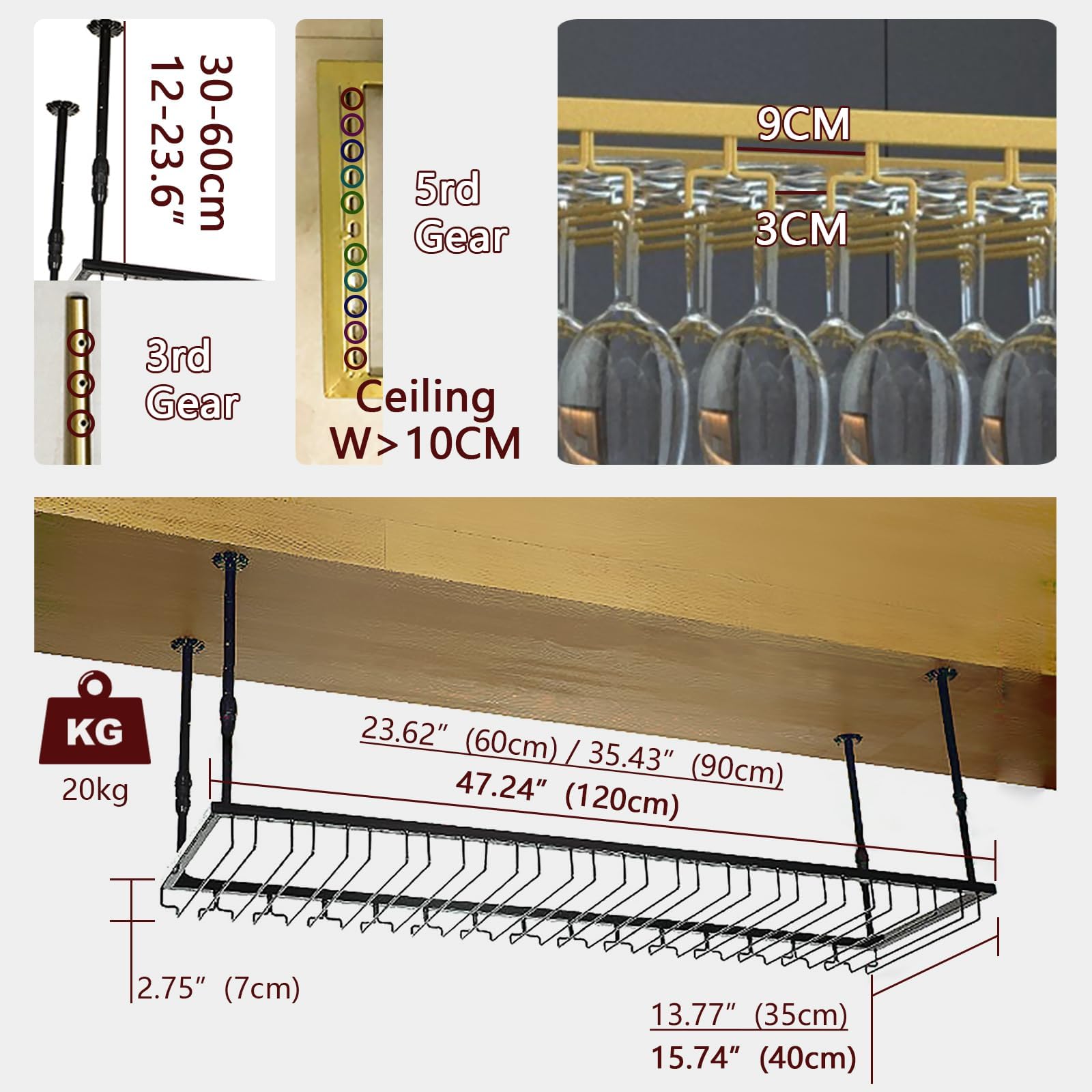 Hangende Wijnglashouders Verstelbare Hoogte 30-60Cm,Plafondrek Wlazenhouder Gemaakt van Metalen, 60cm/80cm/120cm Mega Glasservies Rekken voor Bar/Kast ( BRONZE, 60X30X(30-60) CM