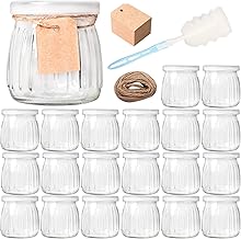 Comrzor 20 Pack 7 oz Yogurt Jars with PE Lids, Glass Pudding Jars Yogurt Jars Ideal for Jam, Honey, Baby Foods, Wedding Favors, Shower Favors(Strings, Tags & Sponge Brush Included)