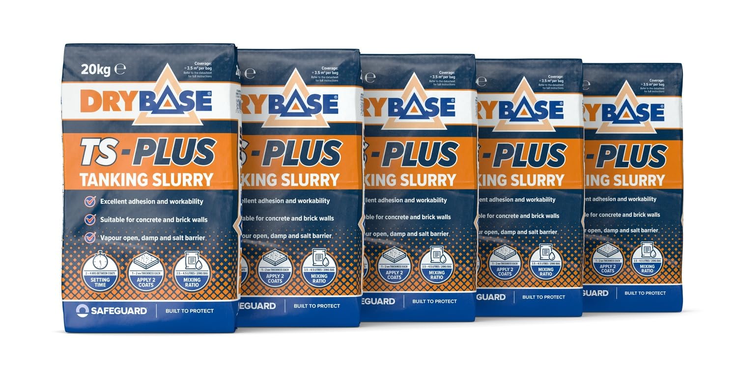 Drybase TS-PLUS Tanking Slurry (20kg x5) | Cementitious Waterproofing Internal/External Damp-Proofing Treatment | Frost/Heat-Resistant Damp & Salt Barrier | Breathable Coating