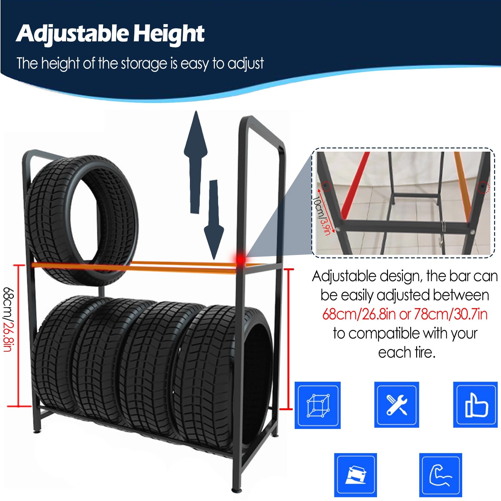 Porta Pneumatici su Ruote da Pavimento, Supporto per Pneumatici da Officina/Garage per Cerchi/Ruote di Scorta/Ruote da Pista, Supporto per Pneumatici in Acciaio Resistent,L