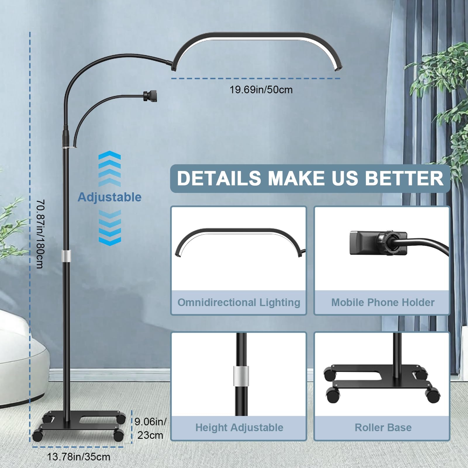 LED Stehleuchte, 45W Wimpern Lampe Kosmetik für Wimpern, 55-70zoll Lampe mit Telefonständer, Einstellbares Licht 3-6000K, Kosmetiklampe Mondlampe für Lesen Tätowieren
