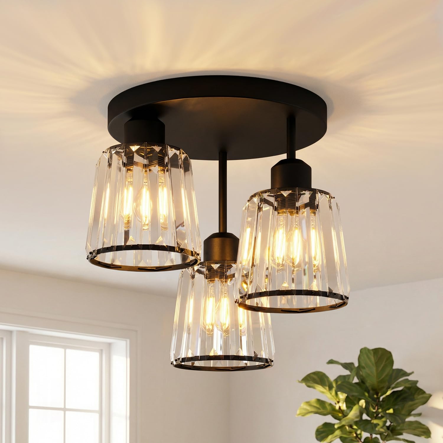 ANWIO Lámpara de Techo de Cristal E27, Plafones de Techo Modernos Negro, Lampara Techo Dormitorio está Equipada con 3 Pantallas de Vidrio, Candeeiro Teto Ideal con Salones, Cocina,Baño(Sin Bombilla)