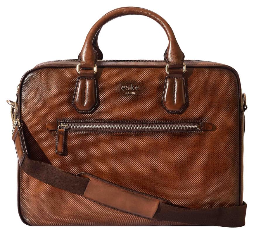eske Sylvester Leather Laptop Briefcase for Men | Fits 15-Inch Laptop | Woven Texture | Front & Rear Zip Pockets, Trolley Strap, Notepad Sleeve | Stylish Office & Travel Bag with Shoulder Strap